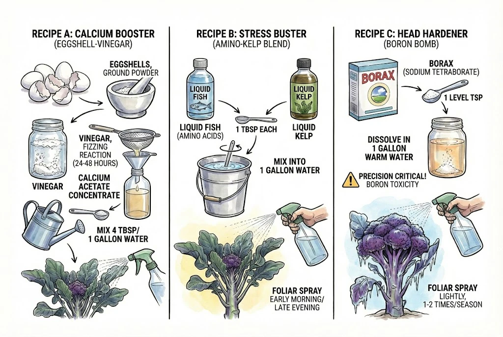 Concept illustration of DIY inputs: an eggshell-vinegar calcium mix and an amino-kelp blend.