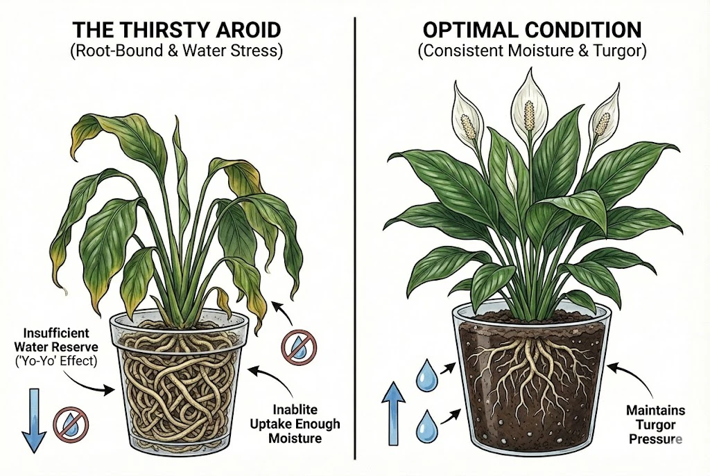 Turgor Loss Peace Lily wilting due to insufficient water volume.