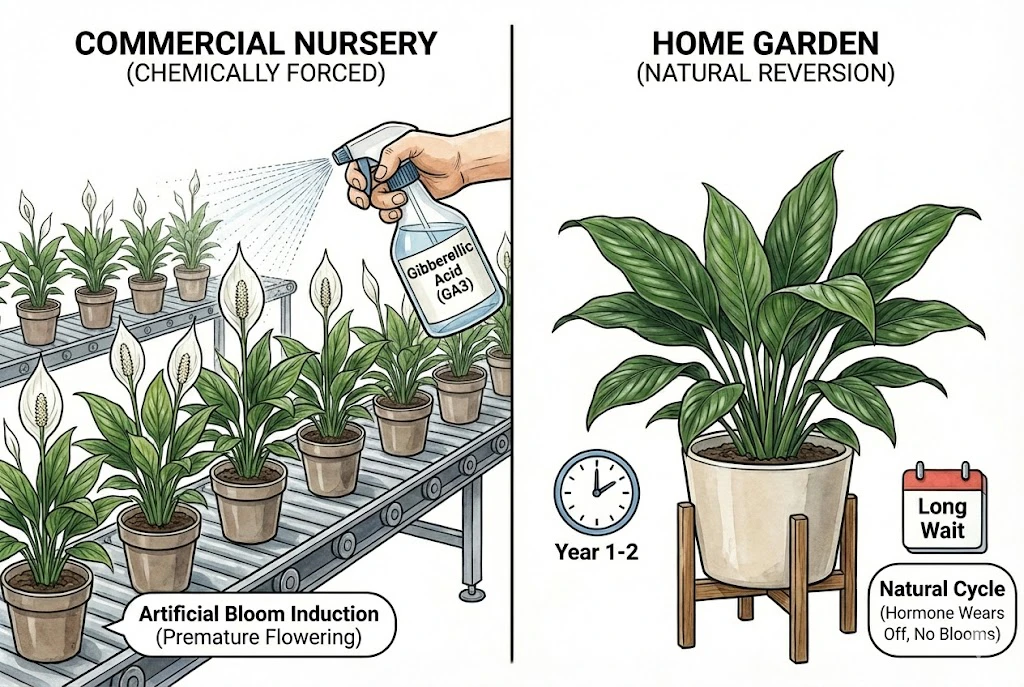 Comparison of a nursery peace lily forced into bloom versus a home plant waiting to mature.