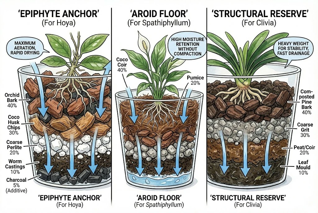 Overview of substrate ingredients such as orchid bark, coco chips, pumice, and perlite.
