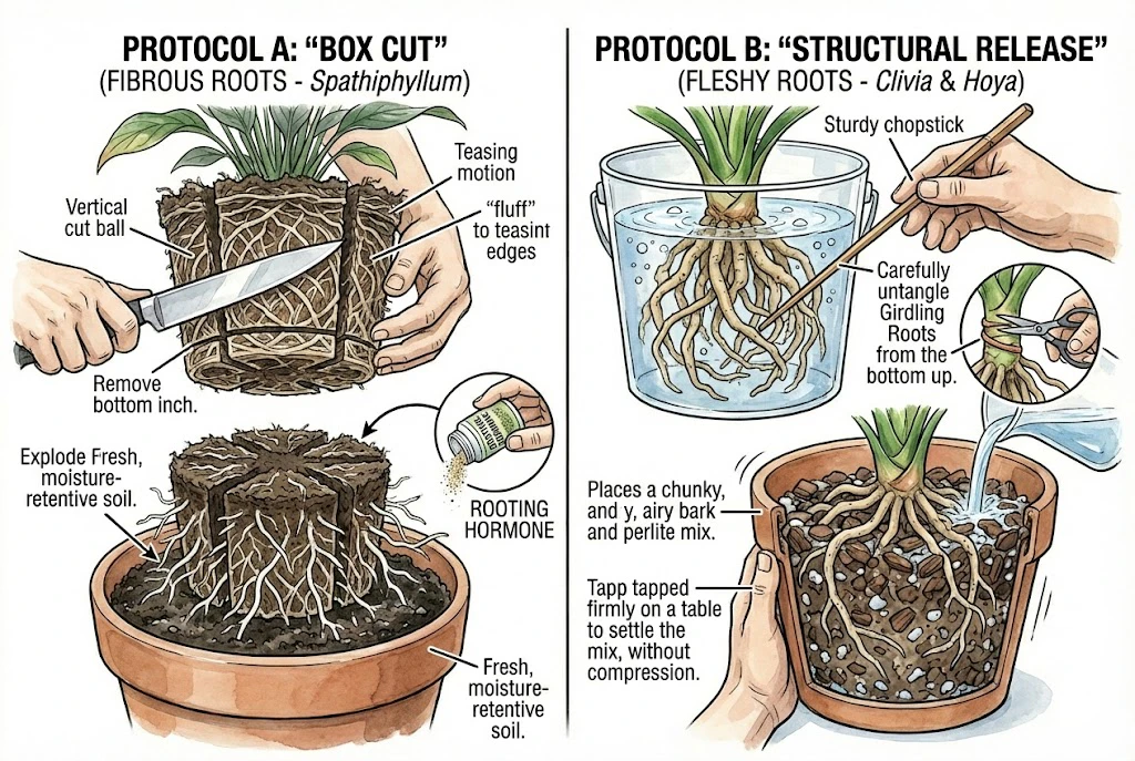 Two root-loosening approaches: side cuts on a fibrous root ball and gentle teasing of fleshy roots.