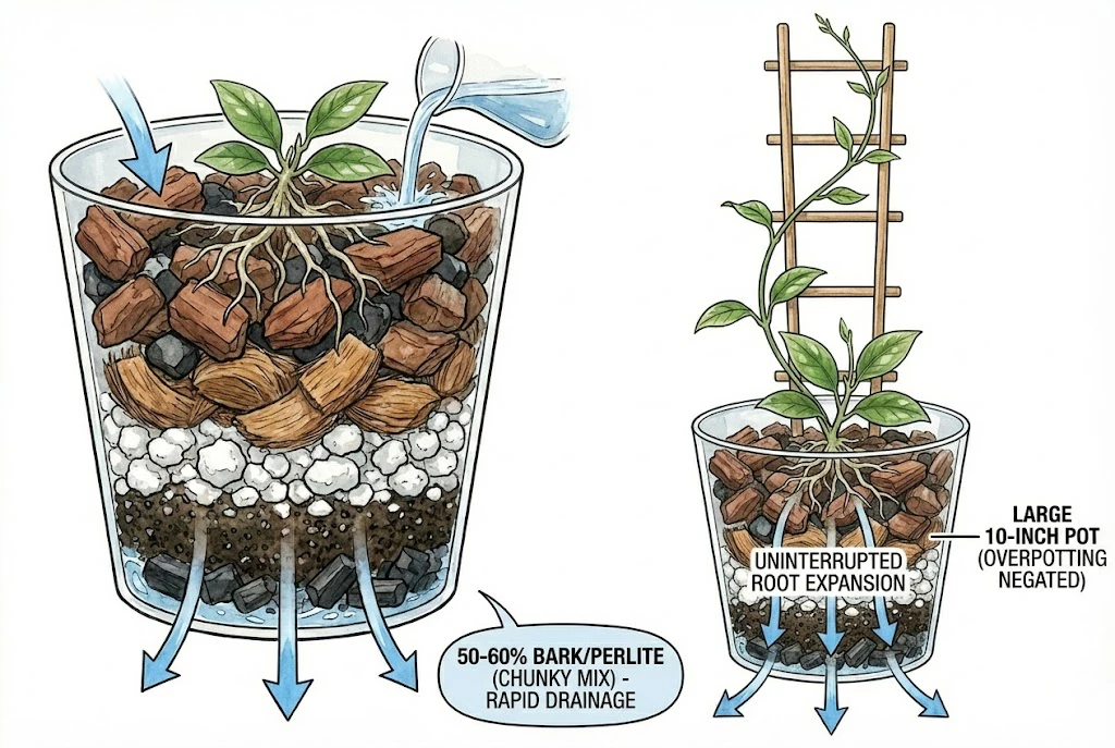 A small plant potted into a much larger container of chunky, well-draining mix.