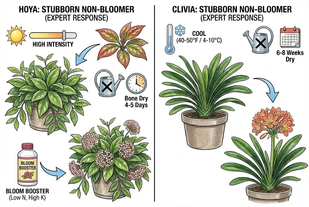 Illustration comparing care for a non-blooming Hoya with the cool rest given to Clivia.