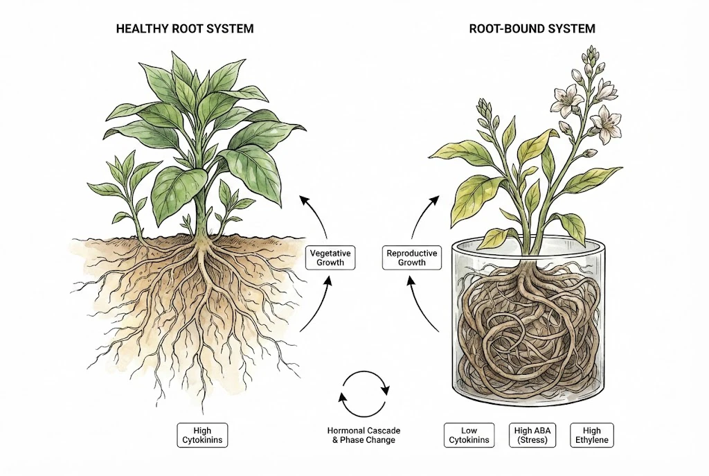 Diagram contrasting hormone signals in an actively growing root system versus a restricted one.