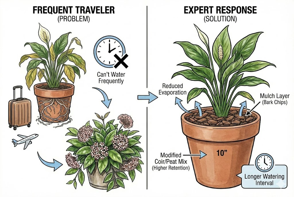 A peace lily in a larger pot with a coir-rich mix and a thin surface mulch to slow drying.