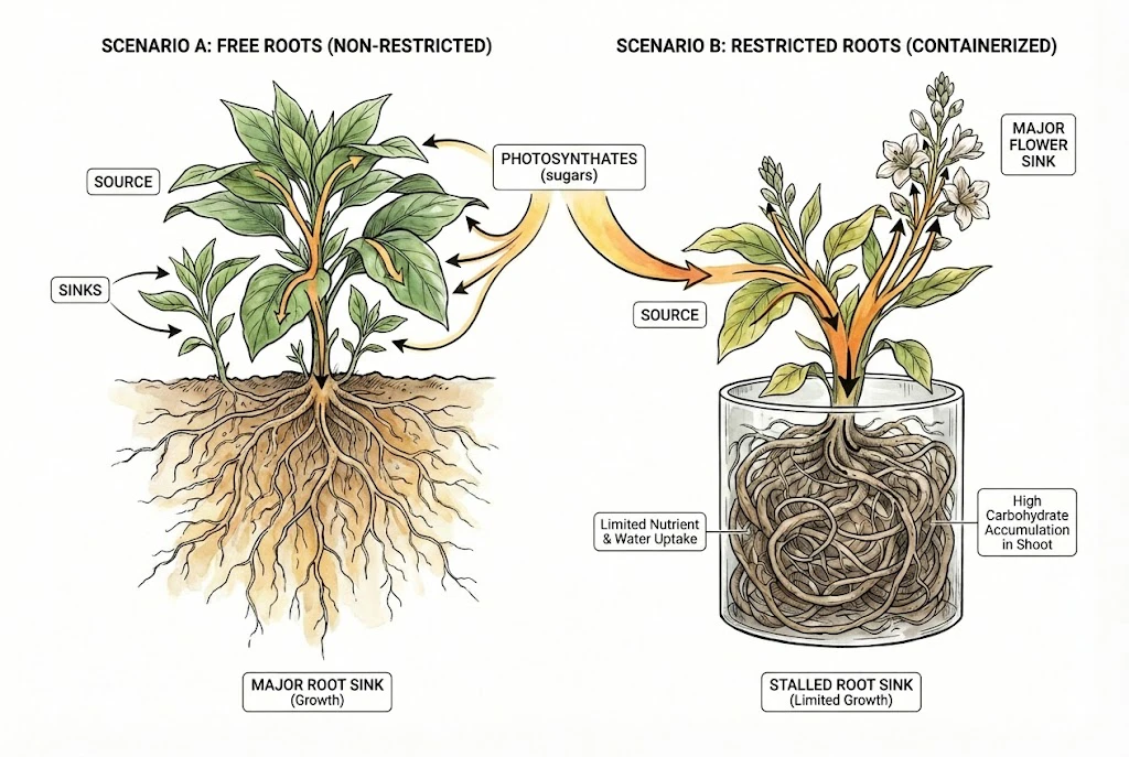 Diagram of source-sink energy flow in free-rooted versus restricted-root plants.