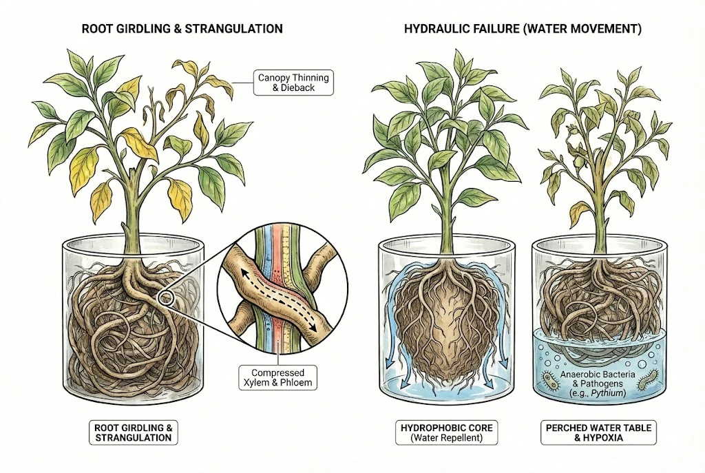 Physical Damage Root girdling and hydrophobic soil conditions.