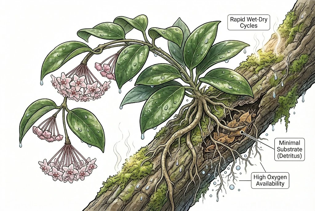 Hoya Habitat Epiphytic roots growing on tree bark and rocks.