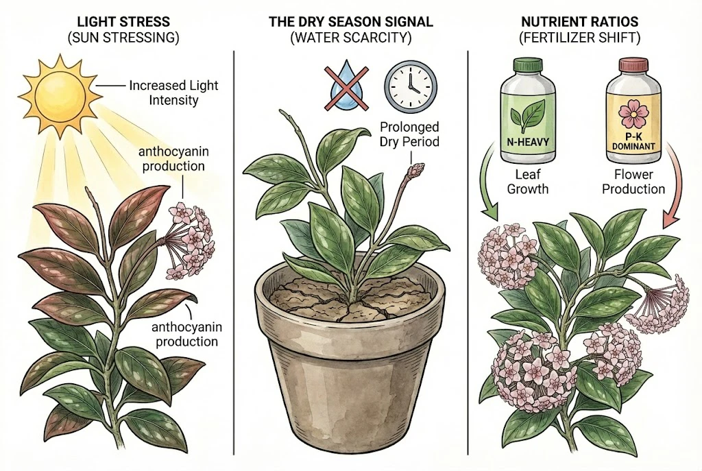 Panel illustrating Hoya bloom factors: brighter light, a drier spell, and fertiliser choice.