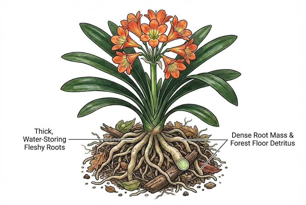 Illustration of Clivia's thick, fleshy roots amid forest-floor leaf litter.