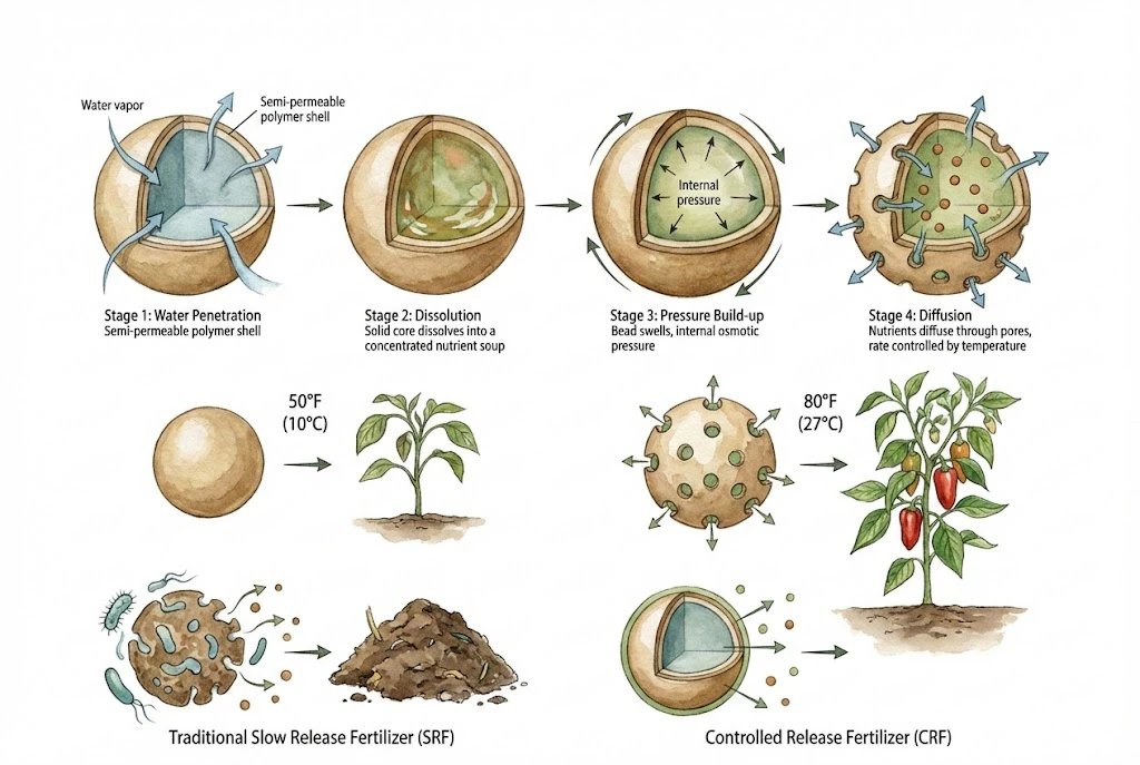 Diagram of a polymer-coated fertilizer prill: moisture enters the coating, dissolves the nutrient core, and dissolved nutrients diffuse out through the coating over time.