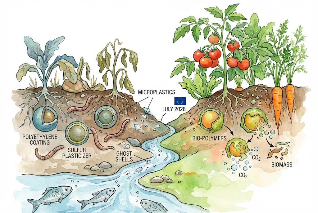 Comparison of a persistent polymer coating shell left in soil versus a biodegradable coating, alongside an EU microplastics-restriction timeline.