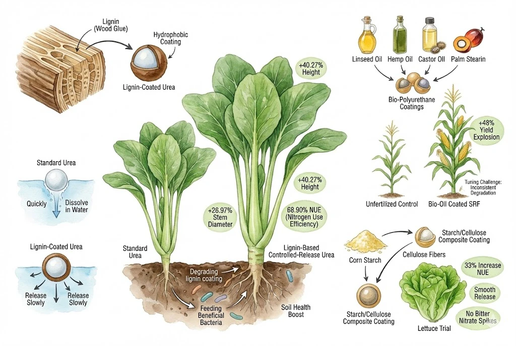 Illustration of lignin- and vegetable-oil-based fertilizer coatings and reported field-trial growth results.