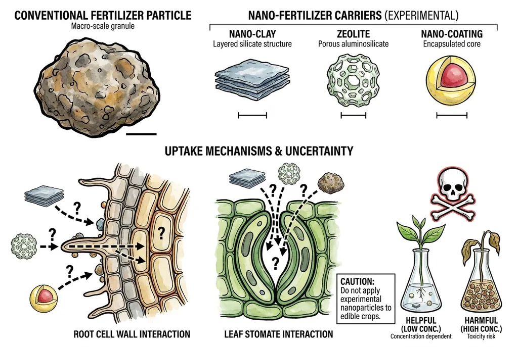 Illustration comparing conventional and nano-scale fertilizer particles, with reported crop-yield ranges and uptake pathways.