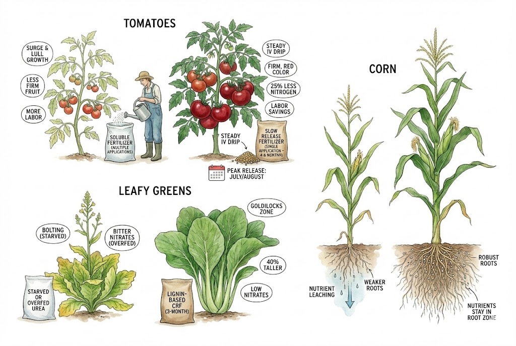 Illustration of slow-release fertilizer strategies for tomatoes, leafy greens, and corn.