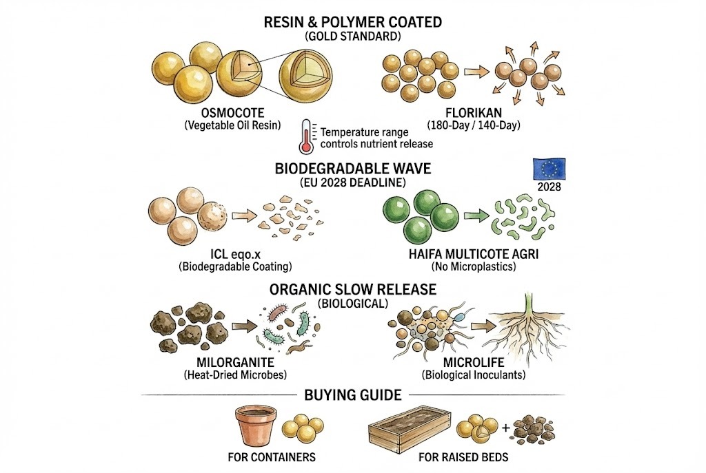 Comparison of controlled-release and organic slow-release fertilizer brands and their use cases.