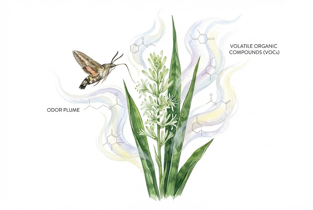 Illustration of scent molecules drifting from a night-blooming flower as an odor plume carried on air currents.