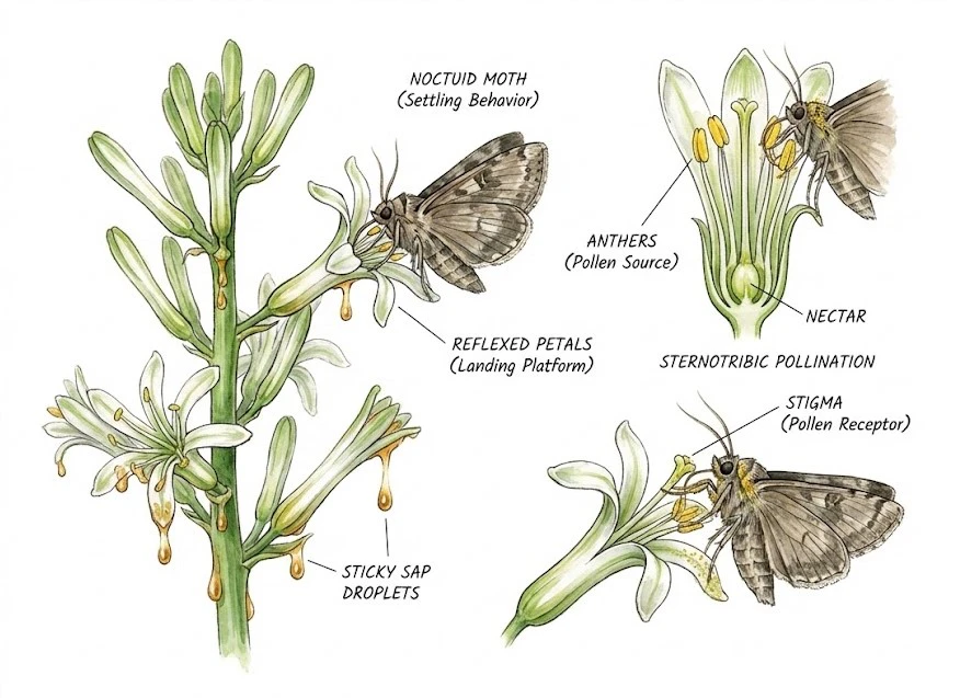 Illustration of a settling moth landing on the reflexed tepals of a snake plant flower to reach the nectar.