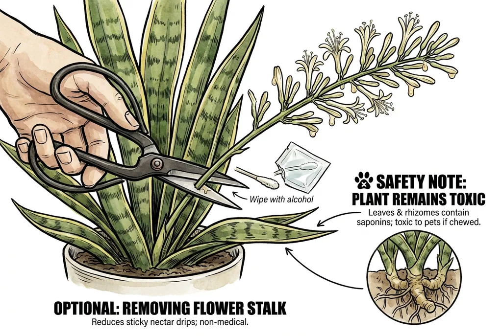 Illustration of a hand using pruning snips to cut a snake plant flower stalk near its base.