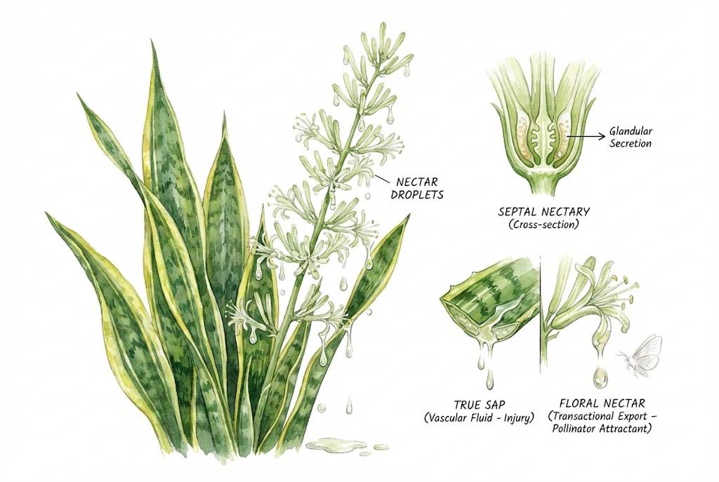 Illustration contrasting floral nectar dripping from a snake plant flower stalk with vascular sap inside a cut leaf.