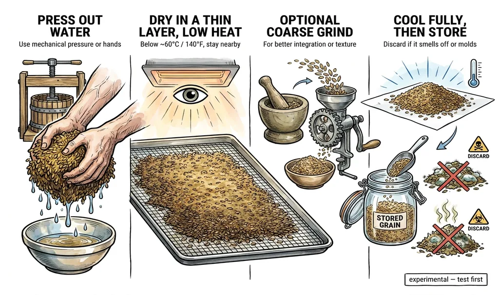 Illustration of pressing, drying, and grinding spent grain for use as a soil amendment.