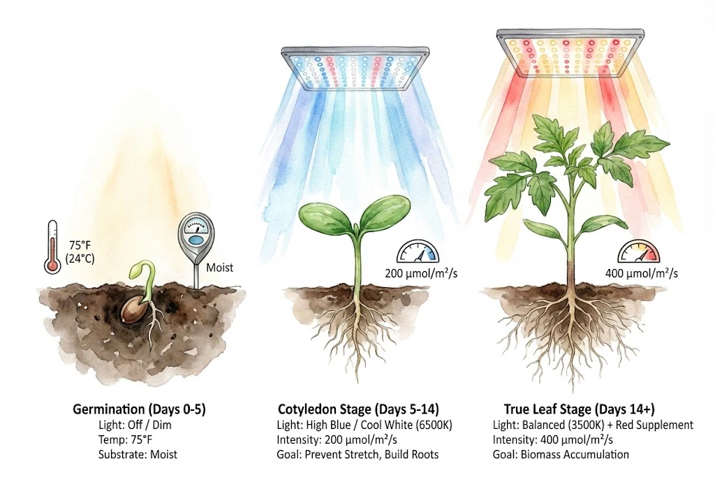 Illustration of a staged seedling lighting schedule by growth stage.