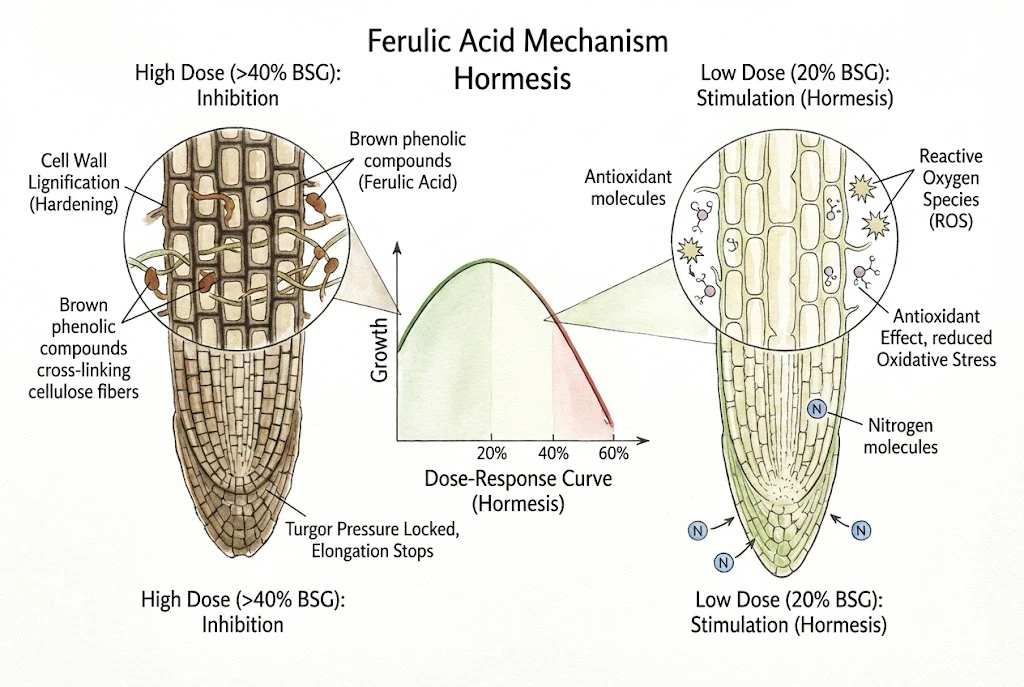Illustration of ferulic acid affecting root cell walls at higher doses.
