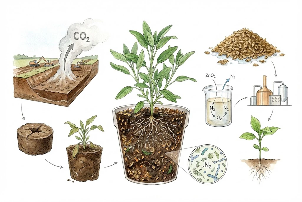 Watercolor of seed-starting trays with peat and a spent-grain amendment.