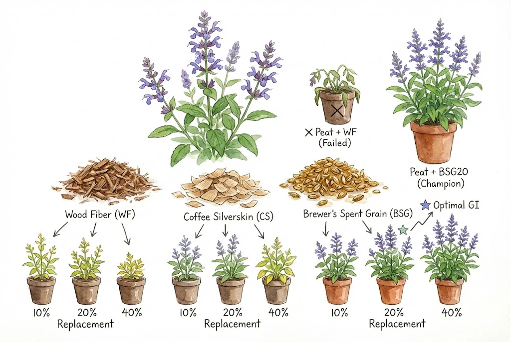 Diagram of brewer's spent grain composition: fiber, protein, and polyphenols.