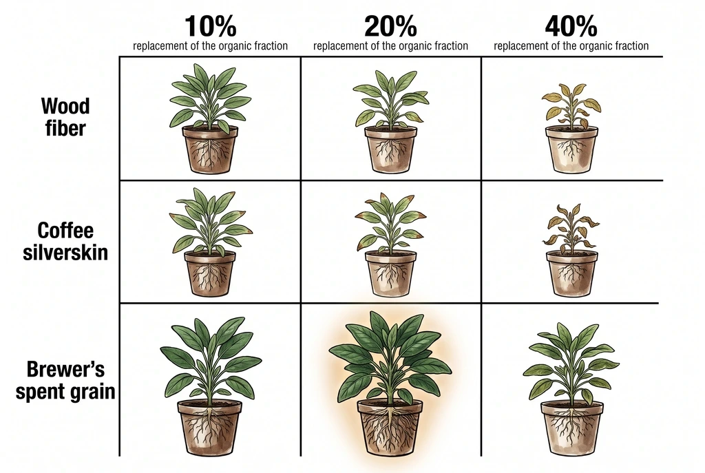 Comparison of peat replaced with wood fiber, coffee silverskin, and brewer's spent grain at increasing rates.