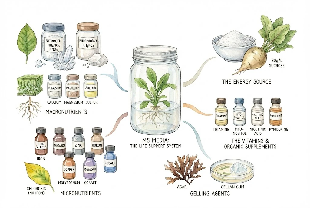 Diagram of Murashige and Skoog (MS) medium components: macronutrients, micronutrients, vitamins, a carbon source, and a gelling agent.
