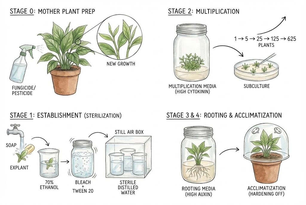 Illustration of mother-plant preparation, surface-disinfection rinses, and multiplication math for tissue culture.