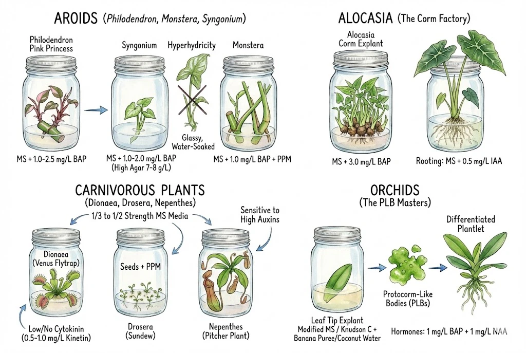 Illustration comparing example hormone and media conditions for aroids, carnivorous plants, and orchids.