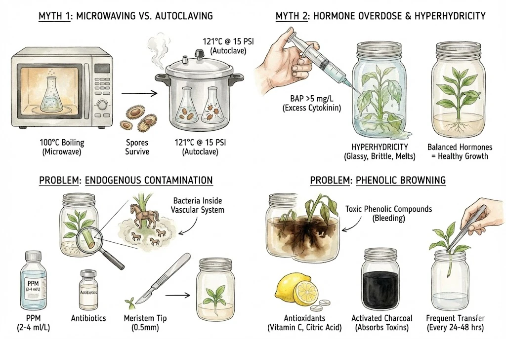 Illustration of common tissue-culture problems: sterilization myths, hyperhydricity, delayed contamination, and phenolic browning.