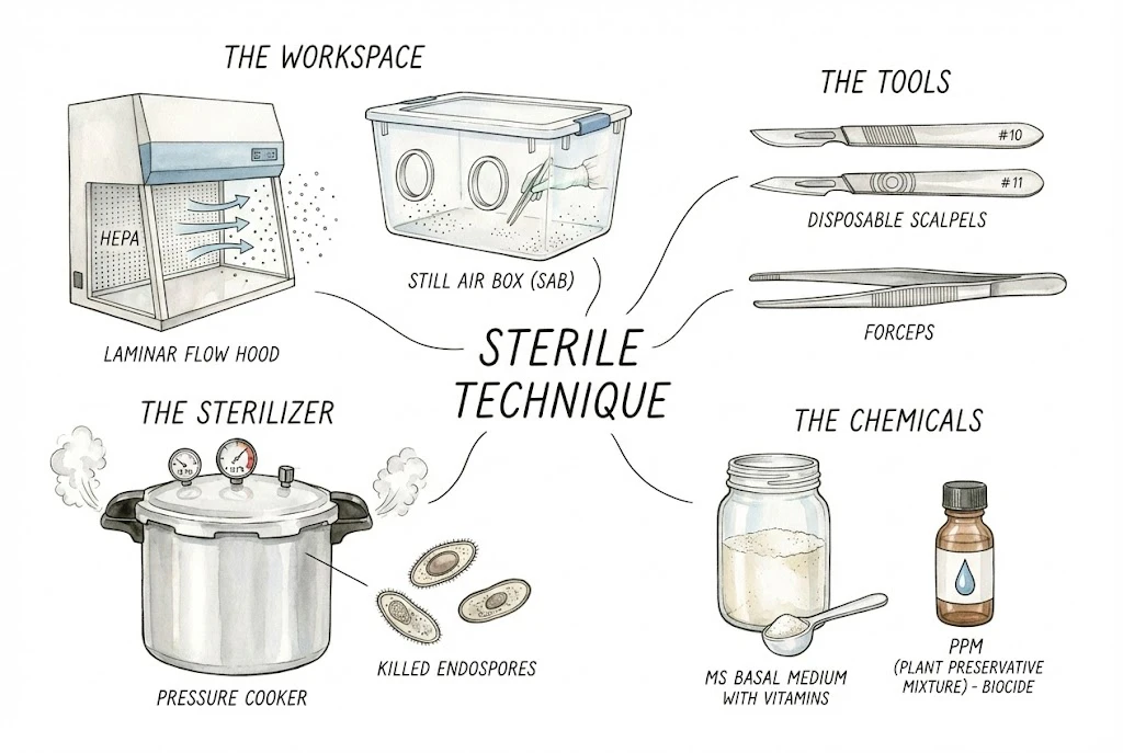 Comparison of a laminar-flow clean bench, a still air box, a pressure cooker, and PPM as contamination-control options.