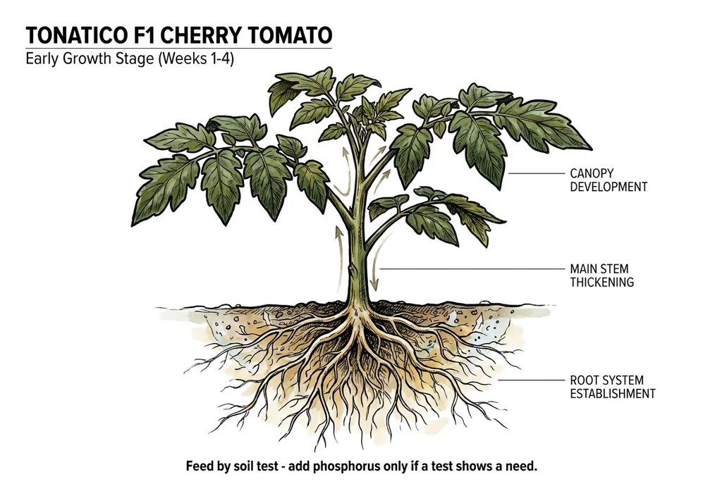 Conceptual illustration of early-growth feeding for tomatoes, emphasizing nitrogen and root development.