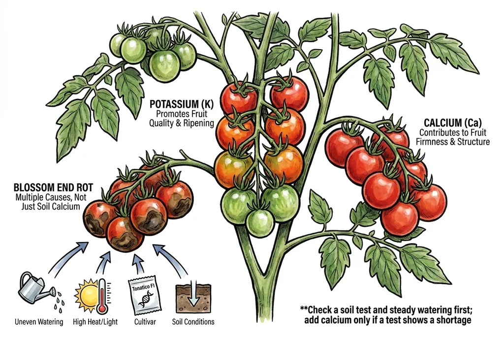 Conceptual illustration of potassium and calcium roles during tomato fruit development.