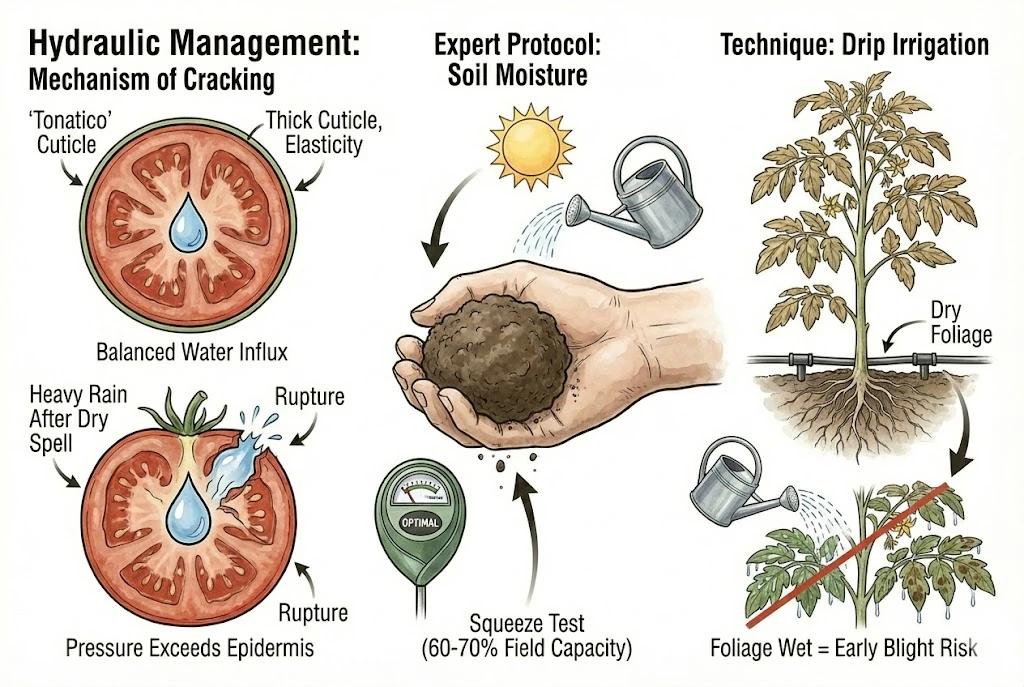 Conceptual illustration of fruit cracking from water swings and the value of steady moisture and drip irrigation.