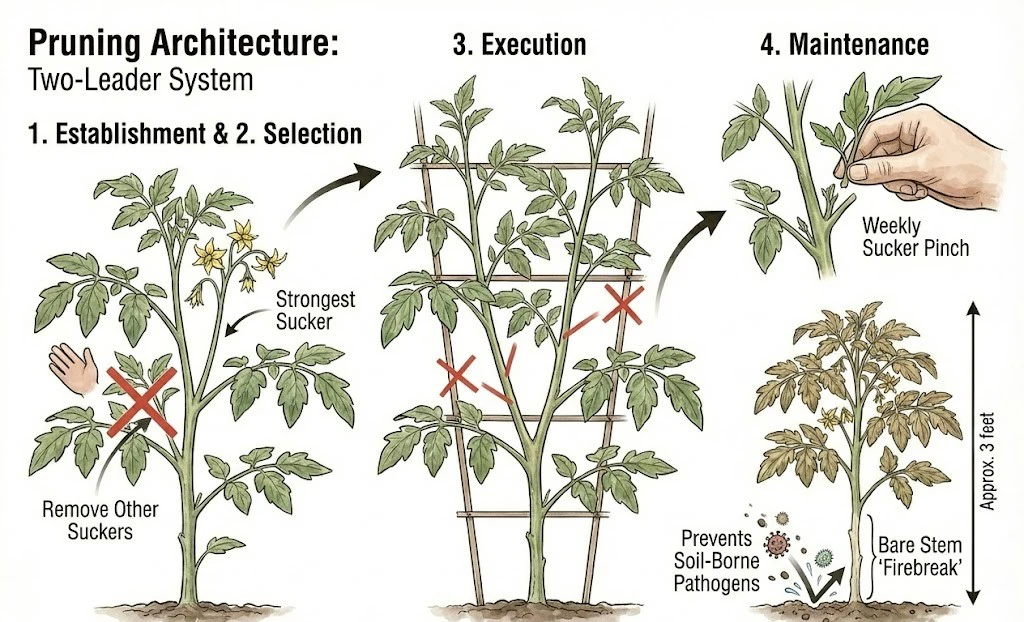 Conceptual illustration of a two-leader training system and lower-leaf removal to improve airflow.