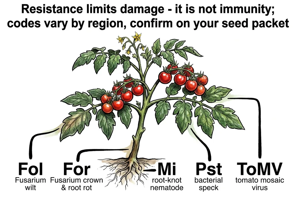 Conceptual illustration of tomato resistance codes for Fusarium, nematodes, bacterial speck, and mosaic virus.