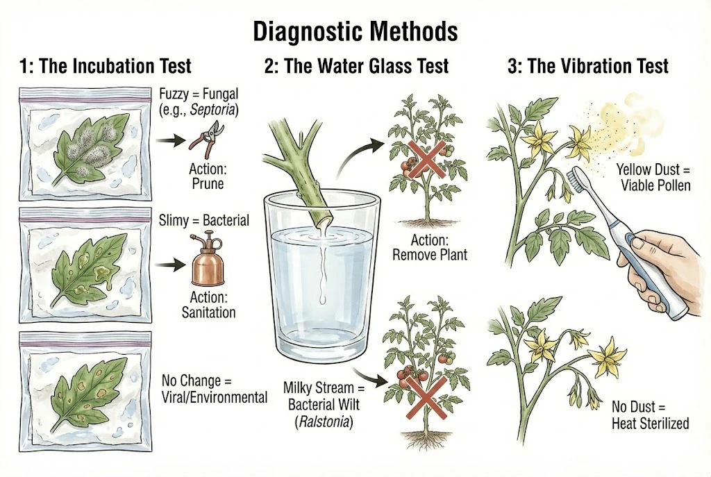 Conceptual illustration of at-home checks: a damp-bag incubation, a cut-stem water test, and flower vibration.