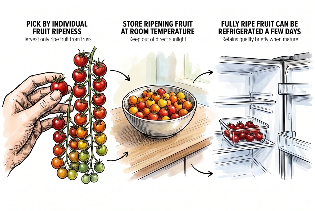 Conceptual illustration of harvest timing and room-temperature versus refrigerated storage for tomatoes.