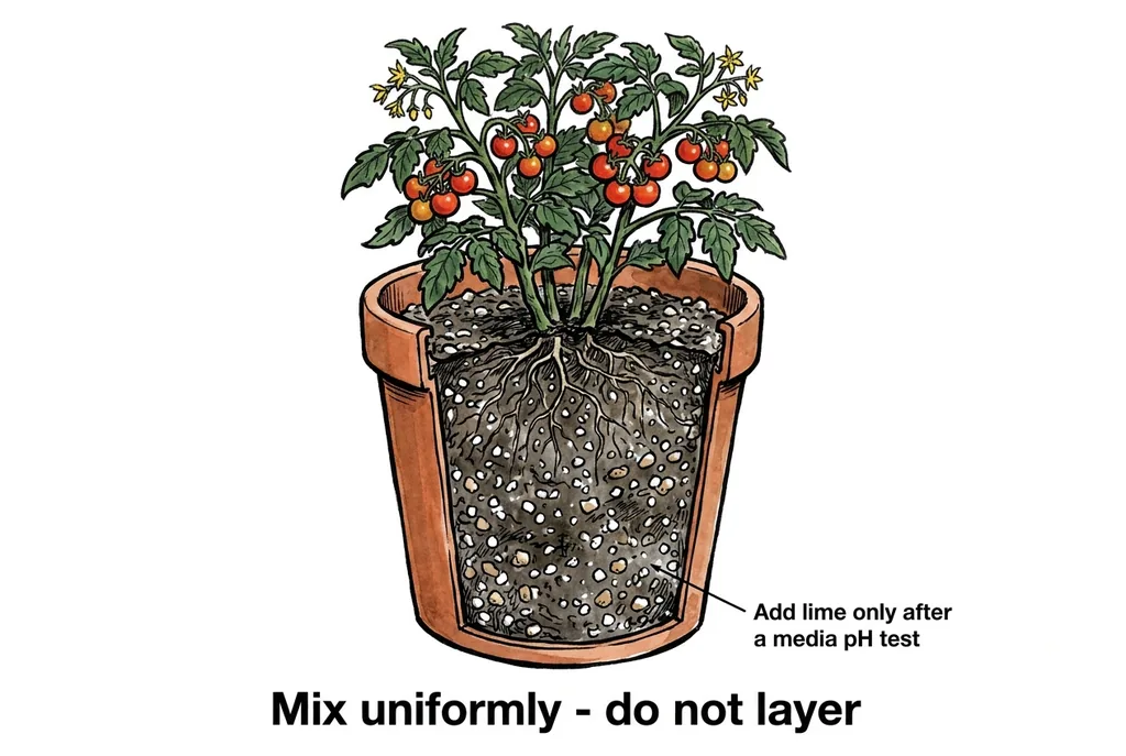 Conceptual illustration of soil, pH, and container planting concepts for tomatoes.
