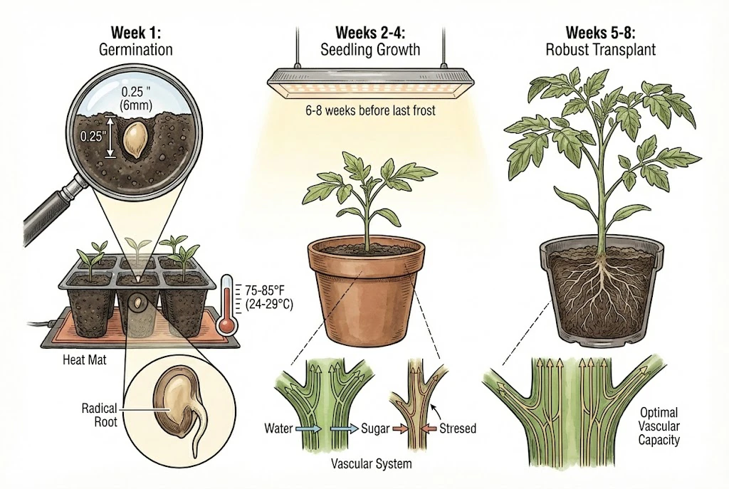Conceptual illustration of tomato seedling development stages from germination to transplant.