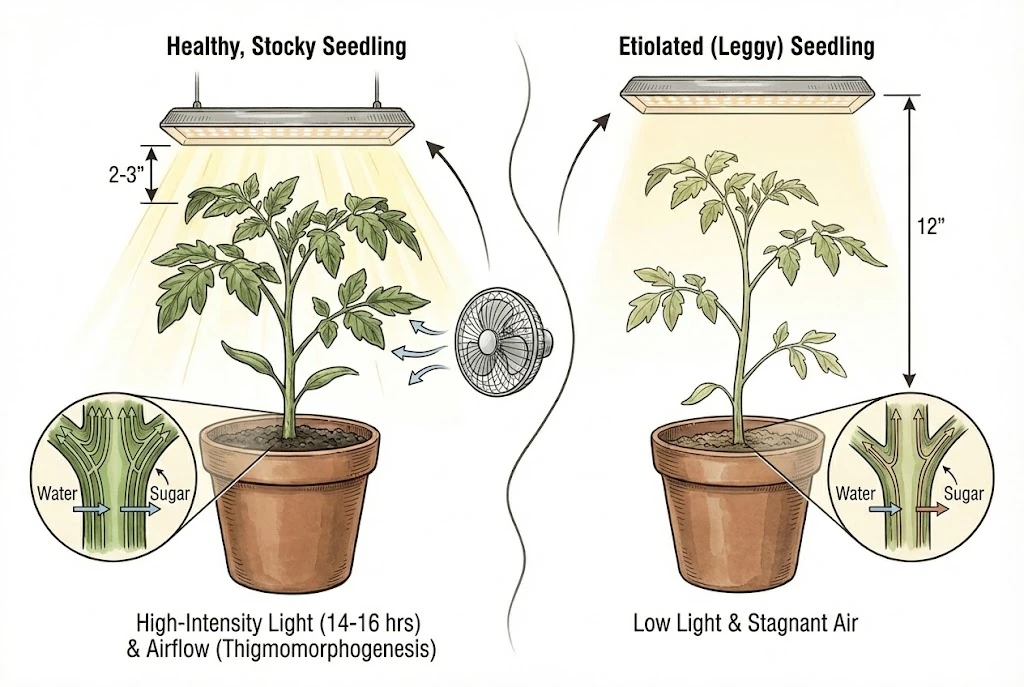 Conceptual illustration contrasting a stocky seedling grown with strong light and airflow versus a leggy seedling grown in low light.
