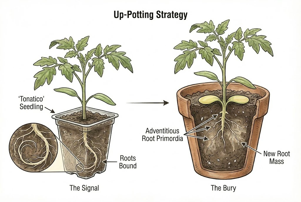 Conceptual illustration of up-potting a seedling and burying the stem to encourage adventitious roots.
