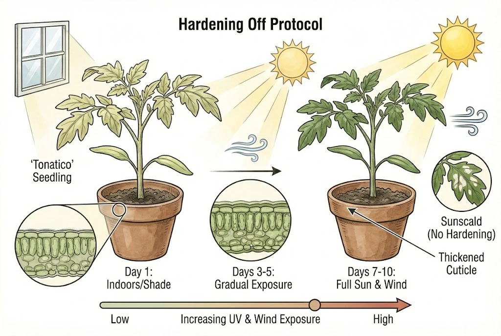 Conceptual illustration of hardening off seedlings with gradual exposure to sun and wind over about a week.