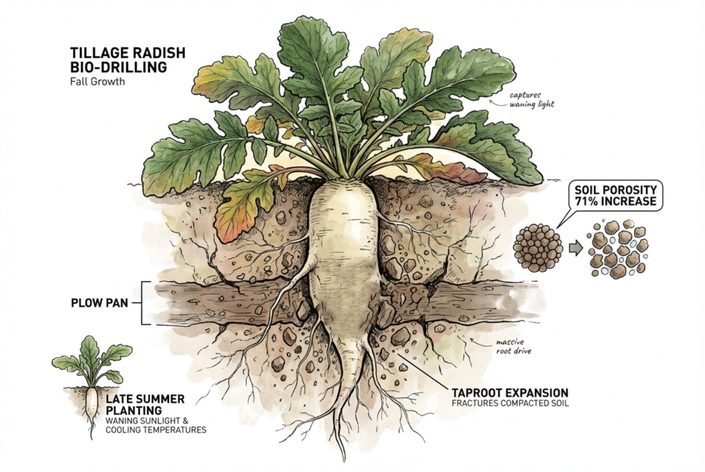 Illustration of a radish taproot growing down through a compacted plow-pan layer in fall, with the surrounding soil shown opening up.