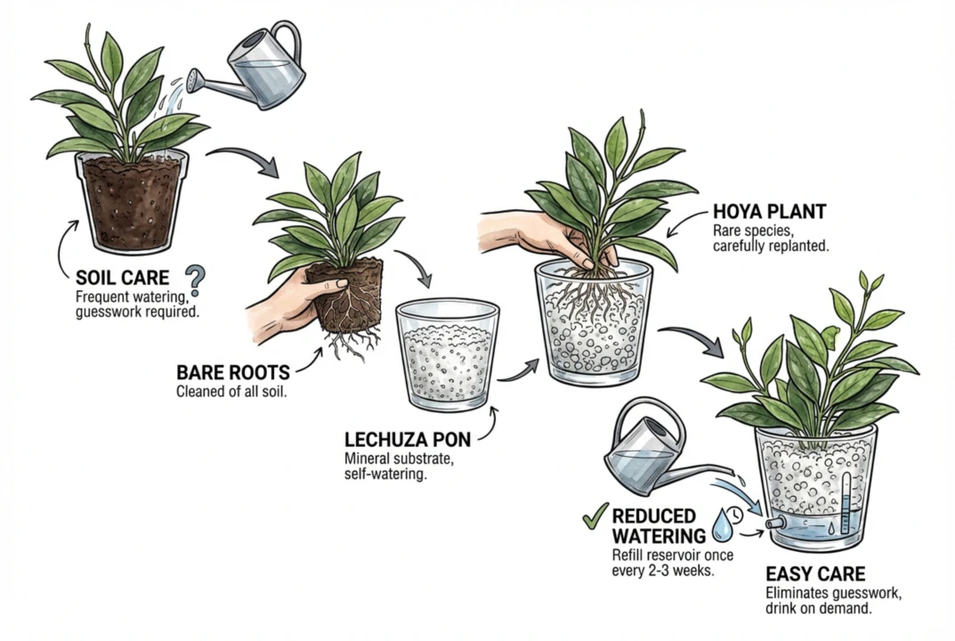 Ilustración de una Hoya en una maceta de autorriego con un depósito de agua bajo el sustrato