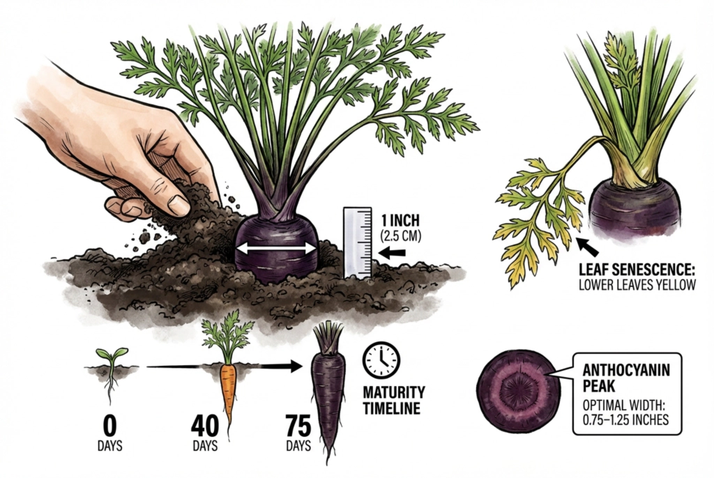 Illustration of Black Nebula carrots at different stages of growth in the soil, with the crown and foliage visible above ground.